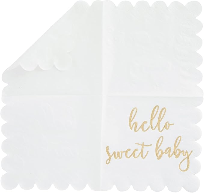 Juvale Baby Shower Napkins - 5 x 5 In, Gold Foil, 50 Pack - White Scalloped Napkins for Gender Neutral Baby Shower Decorations & Table Decor for Boy & Girl