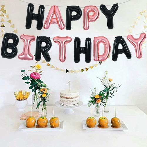 TONIFUL Black Rose Gold Happy Birthday Balloons Banner 16 Inch Mylar Foil Letters Birthday Sign Banner Bunting Reusable for Girls Boys Kids & Adults Birthday Decorations and Halloween Party Supplies
