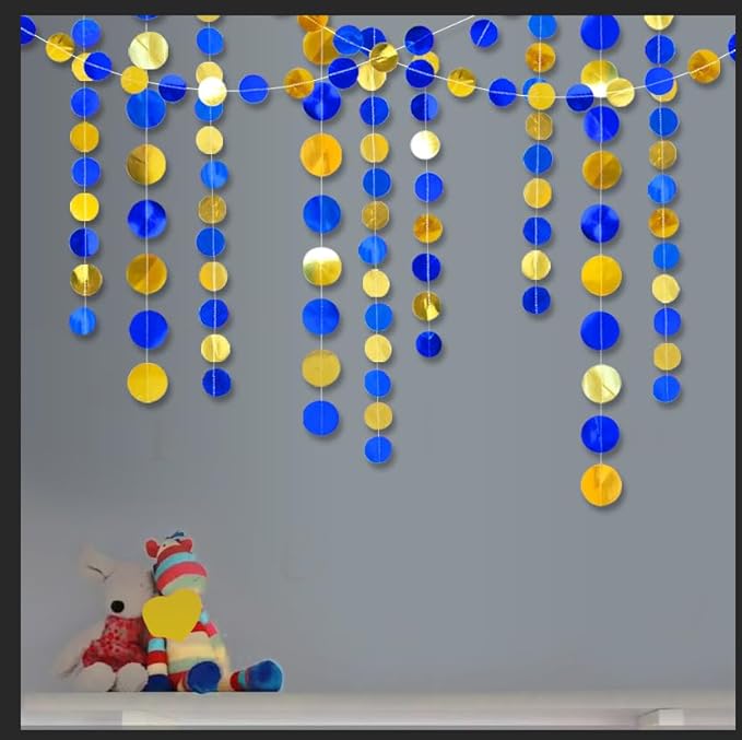 Shining Blue Gold Circle Dots Hanging Garland Sparkling Blue Gold Circle Dots Hanging Streamer Glitter Circle Bunting Banner Circle Dots Backdrop for Wedding Baby Shower Birthday Xmas Decor 40 Feet