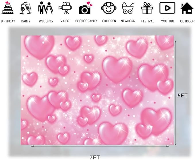 LTLYH 7×5ft Pink Heart Photo Backdrop Early 2000s Party Decorations Old School Backdrops Valentine's Day Glitter Heart 16th 18th 30th Women Men 90s Happy Birthday Background Selfile Wall Decor 256