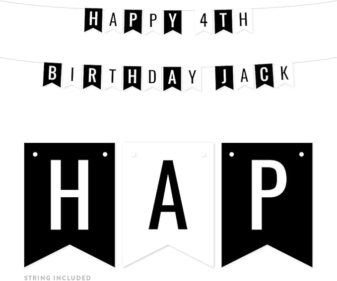Andaz Press Personalized Hanging Pennant Banner Party Decorations, Black, White, Happy 4th Birthday Olivia, 1-Pack, Approx. 5-Feet, Custom Name and Number, Race Car Chess Theme Party Decor