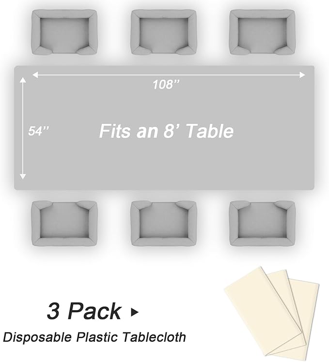 QIKSION Ivory Plastic Table Cloth Disposable 3 Pack, 54 x 108 Inch Beige Tablecloths for Party, Baby Shower, Harvest, Fall, Thanksgiving Decorations, Cream Rectangle Table Cover