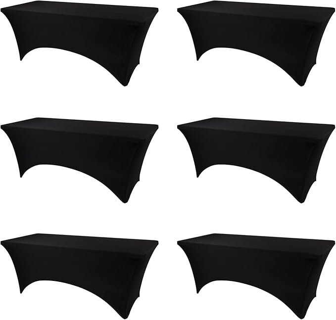 Table Covers for 8 Foot Tables, 6 Pack Black Washable and Wrinkle Resistant Stretch Tablecloths Rectangle 8ft for Events, Wedding, Banquets, Parties