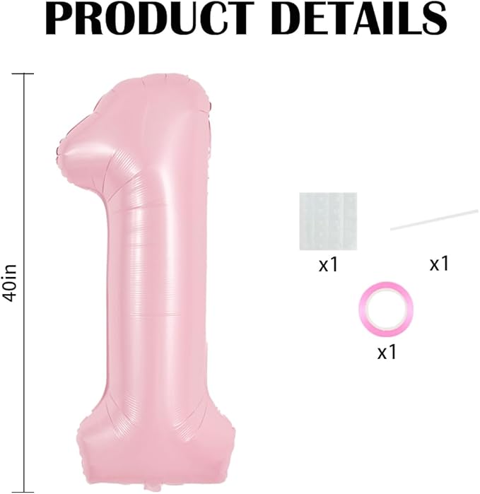 TONIFUL 40 Inch Pastel Pink Number 1 Balloon Balloon Big Pink Digital 1 Balloon for Girl's Birthday Party Wedding Bridal Shower Engagement Anniversary Photo Shoot Supplies