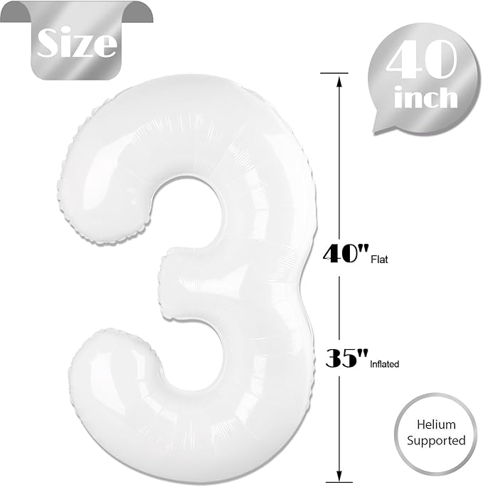 White Number 3 Balloon 40 Inch, 3 Balloon Number, 3rd Birthday Decorations, White Party Supplies for Boys Girls