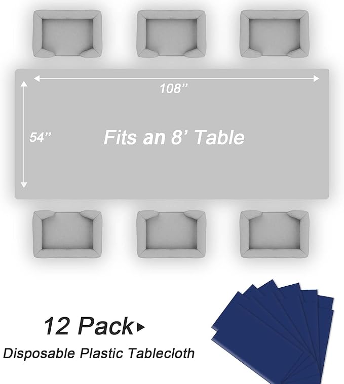 QIKSION Navy Blue Plastic Table Cloth Disposable 12 Pack, 54 x 108 Inch Tablecloths for Party, Graduation, Patriotic, Veterans Day Decorations, Dark Blue Rectangle Table Cover