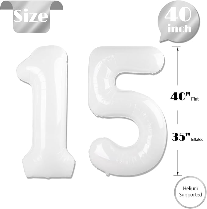 White Number 15 Balloon 40 inch, 15 Number Balloons, 15th White Birthday Decorations for Girls Boys 15 Year Old Party Supplies
