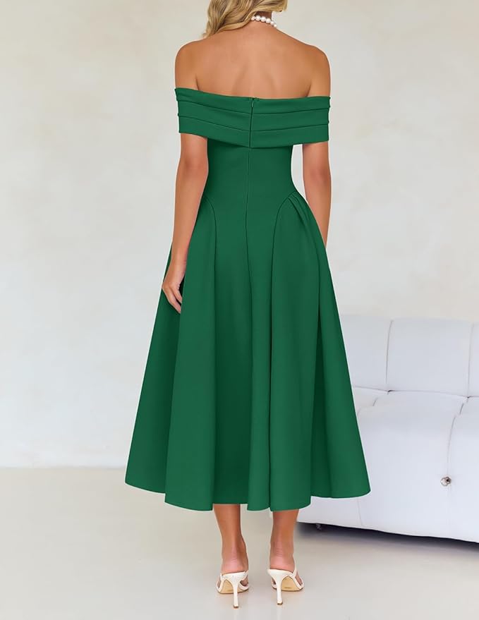 ZESICA Summer 2026 Cocktail Dresses for Women's Off Shoulder Short Sleeve Swing A Line Wedding Evening Party Midi Dress