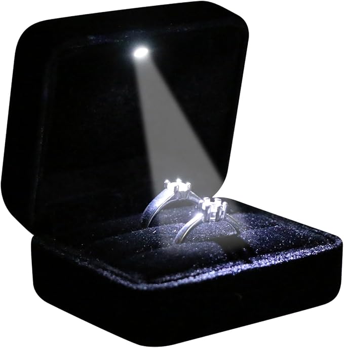 Velvet Metal Glossy Double Slot with LED Jewelry Gift Box for Proposal, Engagement, Wedding - Easy to fit into Your Pocket or Handbag - Black
