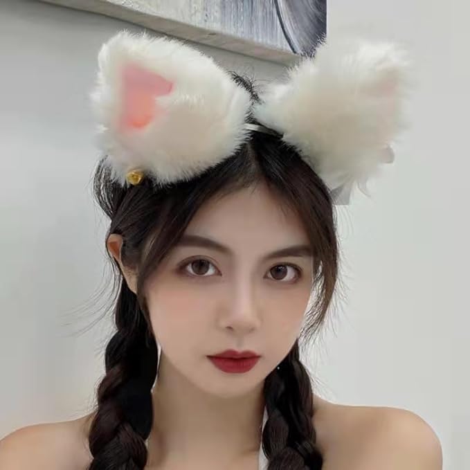 Light Up Headband Cat Ears With Bell Furry Headband Rave Accessories For Women Girls Valentine's Day Party Costume