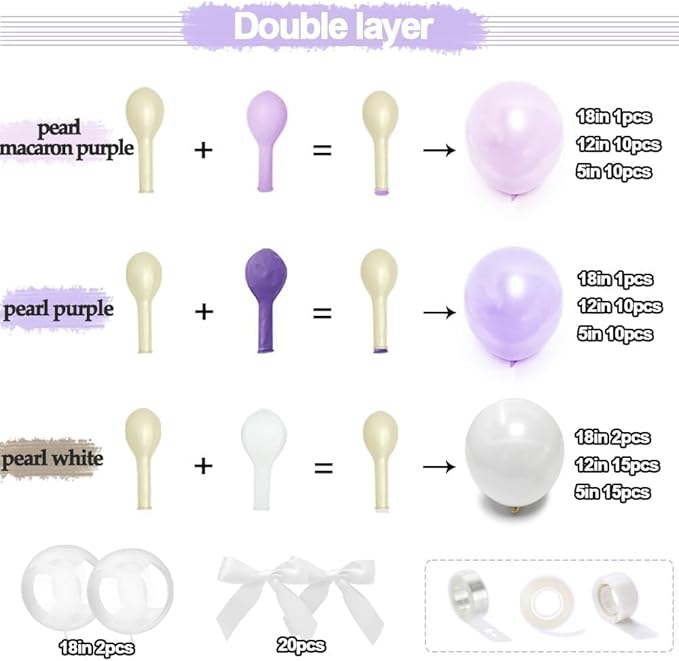 Purple White Balloon Garland Double Stuffed Pearl Pastel White Light Purple Lavender Lilac Balloons with Bow Clear Balloon Arch Kit for Wedding Bridal Baby Shower Birthday Butterfly Fairy Decor