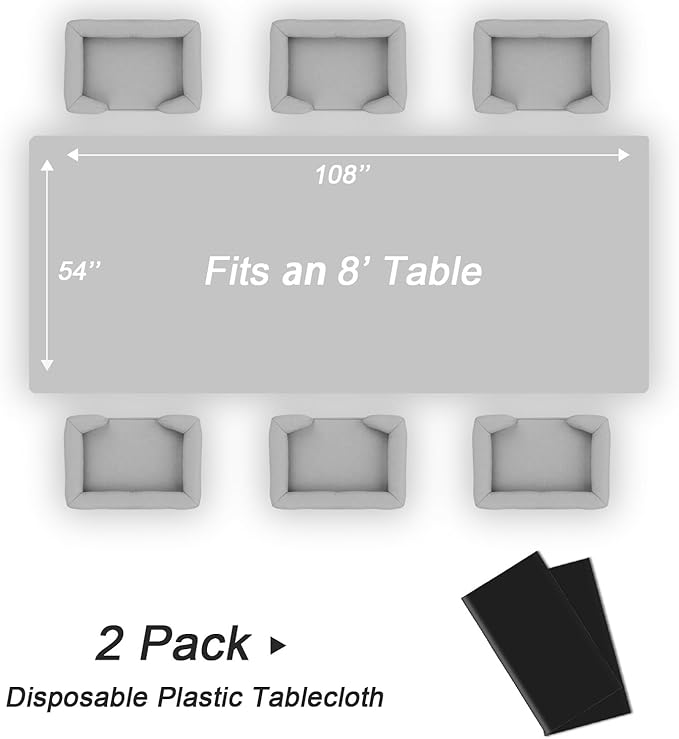 QIKSION Black Plastic Table Cloth Disposable 2 Pack, 54 x 108 Inch Tablecloths for Party, Graduation, Halloween Decorations, Rectangle Table Cover