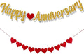 Happy Anniversary Banner, Red Heart Banner - Anniversary Decorations, Red and Gold