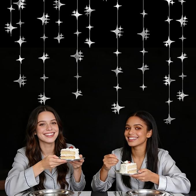 Glitter Silver Four-Angle Star Paper Garland Banner Décor 40 Feet Twinkle Silver Star Hanging Bunting Banner Backdrop for Wedding Baby Shower Birthday Graduation Disco Party Decorations
