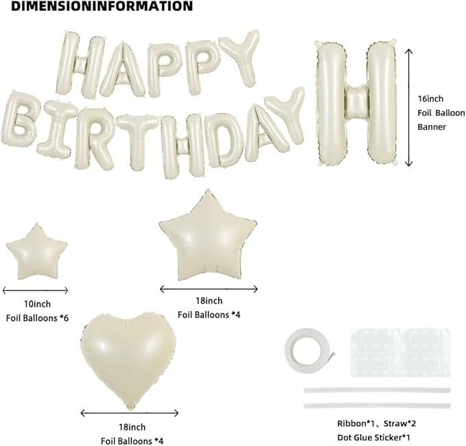 TONIFUL 31PCS Cream White Happy Birthday Decorations 16 Inch Happy Birthday Balloon Banner with Star Heart Balloons Mylar Foil Birthday Party Decorations Supplies for Men Women Adults Girls Boys Kids