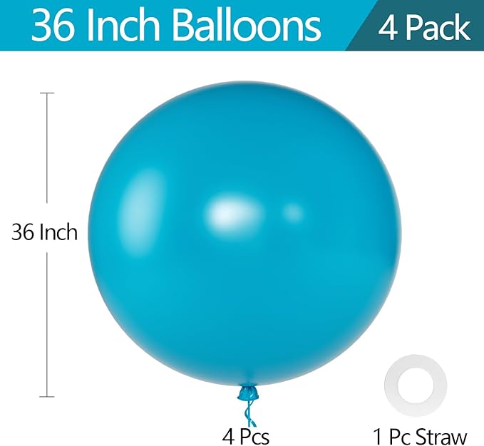 KALOR Aqua Blue Giant Balloons 36 Inch Large Latex Balloons, 4 Pack Jumbo Round Helium Balloon for Birthday Bridal Shower Wedding Baby Shower Party Decorations