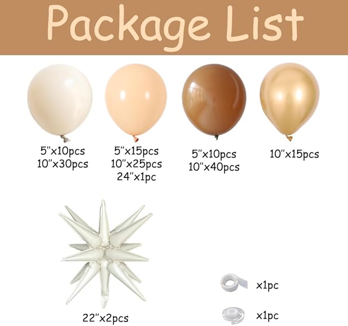 Neutral Balloon Arch Kit 148Pcs Boho Brown Sand White and Gold Latex Balloon Garland with Cream Star Foil Balloon for Nude Birthday Baby Shower Wedding Party Decorations