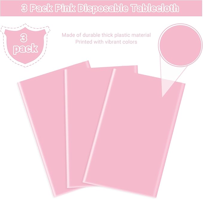 MRJ 3 Pack Pink Plastic Tablecloths for Rectangle Tables Disposable Table Cloth 54 x 108 Inch Waterproof for Girls Party Picnic Valentines