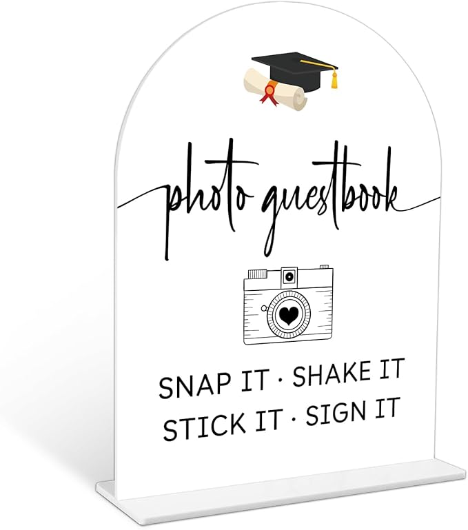 Graduation Photo Guestbook Sign, 6 x 8 Inch White Arch Acrylic Grad Party Sign with Holder, Graduation Party Sign for Class of 2026, Grad Decor, High School College Party Supplies - DL09