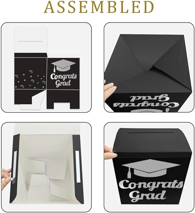 Graduation Card Box Holder, Congrats Grad Foldable Cardboard Decorations Box for Graduation Party Decoration and Grad Parties (Silver)