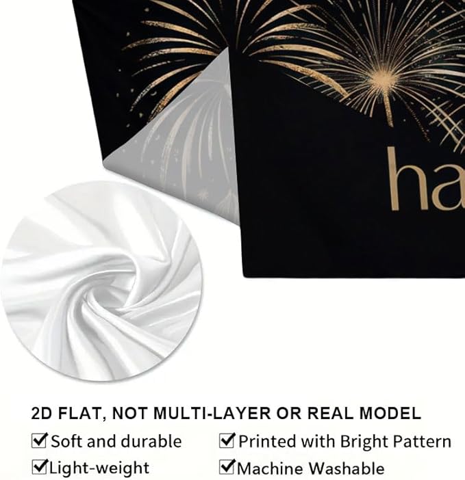 Happy Birthday Decorations Banner 71x43 Inch, Black Gold Fireworks Birthday Backdrop for Adult Party, Large Photo Booth Background Supplies