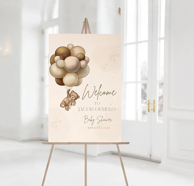 Personalized Teddy Baby Shower Welcome Sign, Welcome to Baby Shower Sign, Gender Neutral Brown Balloon Bear Baby Shower Sign