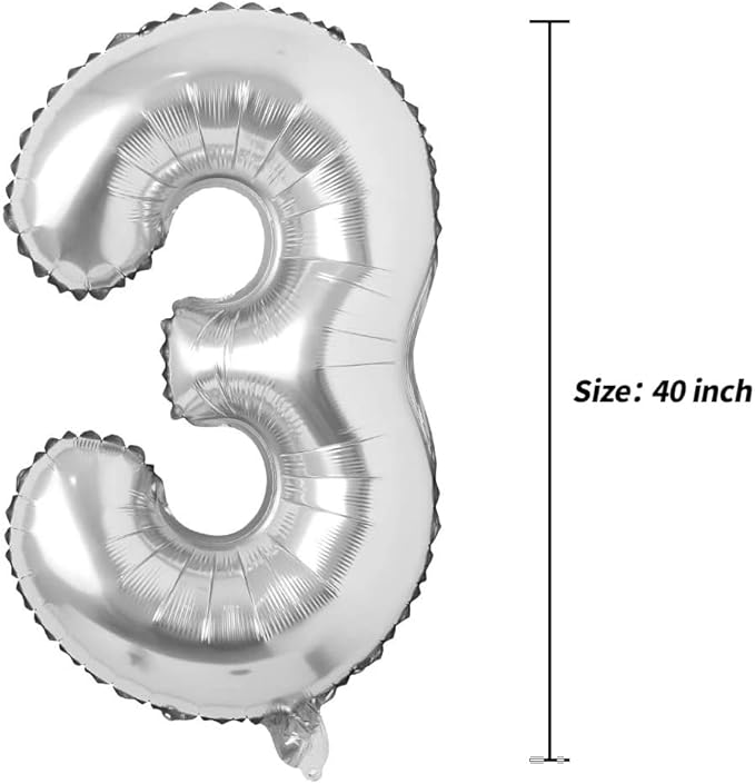 40 inch Letter Balloons Silver Alphabet Number Balloon Foil Mylar Party Wedding Bachelorette Birthday Bridal Shower Graduation Anniversary Celebration Decoration can fly with helium (number 3)