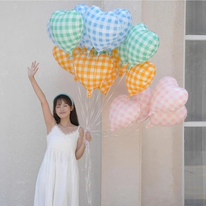 Pastel Grid Heart Balloons, 10 Pcs Rainbow Checkered Heart Shape Balloon, 18 Inch Pink Yellow Blue Red Green Lattice Foil Balloons Helium for Kids Birthday Valentines Baby Shower Party Decorations