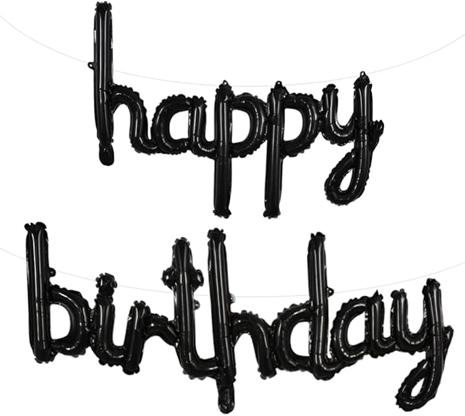TONIFUL Black Happy Birthday Balloons Banner, 16 Inch Mylar Foil Script/Cursive Letters Birthday Sign Banner Balloon Reusable Material for Girls Boys Kids & Adults Birthday Decorations