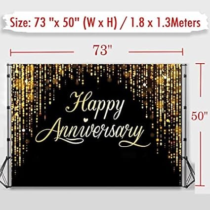 Happy Anniversary Backdrop Party Decorations, Black Gold Glitter Bokeh Dots Wedding Anniversary Party Photo Background Cake Table Banner Extra Large Wall Decor Props 6 * 4ft Valentine's Day