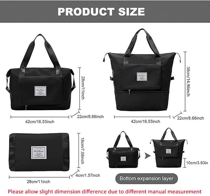 Large Capacity Folding Travel Bag, Lightweight Waterproof Luggage Bag, Expandable Travel Duffel Bag, Dry Wet Separated Gym Tote Bag, Weekender Overnight Bag for Women and Man (Black)