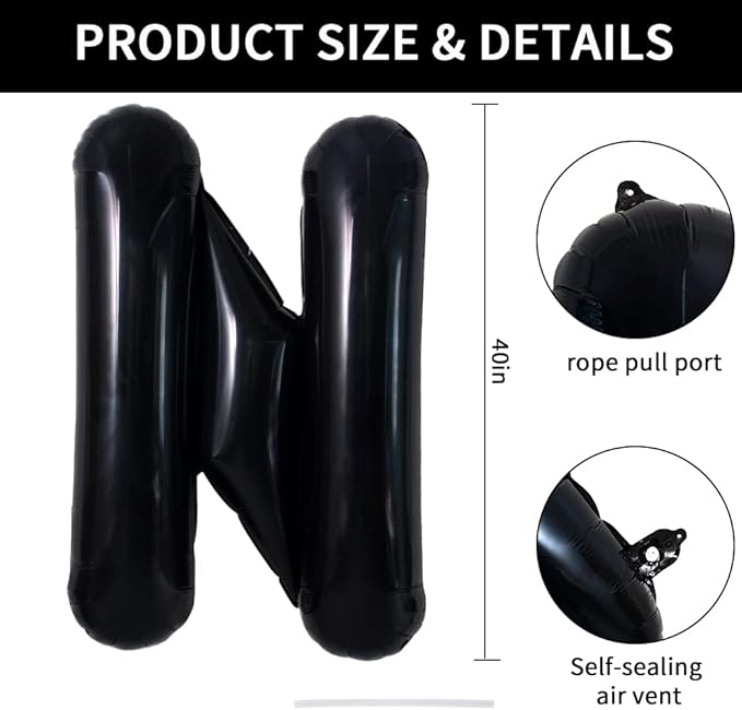 TONIFUL 40 Inch Large Black N Letter Balloons Jumbo Helium,Foil Mylar Big Alphabet Balloons for 2026 New Year Eve Graduation Wedding Baby Shower Birthday Party Anniversary Supplies Decorations