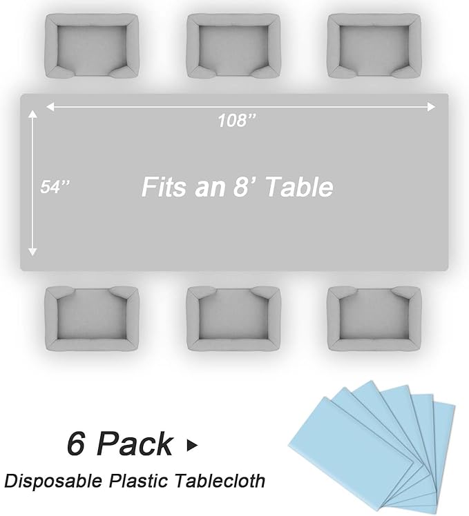 QIKSION Light Blue Plastic Table Cloth Disposable 6 Pack, 54 x 108 Inch Tablecloths for Baby Shower Birthday Party, Easter Decorations, Rectangle Table Cover