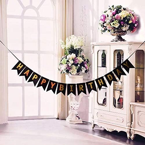 Tellpet Black HAPPY BIRTHDAY Banner with 5 pcs Gold Confetti Balloons