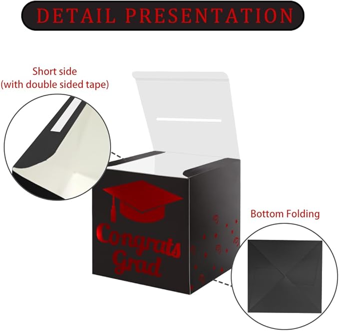 Graduation Card Box Holder, Congrats Grad Foldable Cardboard Decorations Box for Graduation Party Decoration and Grad Parties (Black-red)