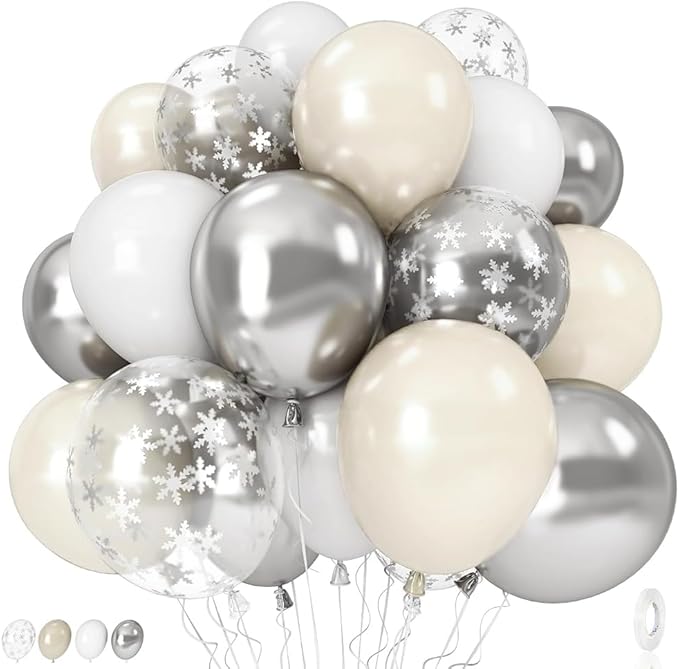 Pearl White Winter Wonderland Balloons, 12 Inch Pearl Sand White and Metallic Silver Snowflakes Balloons for Ice Snow Wonderland Wedding Baby Shower Birthday Christmas New Year’s Party Decorations