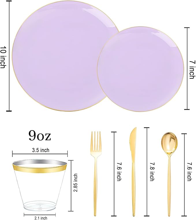 bUCLA 150PCS Purple Plastic Plates - Light Purple and Gold Disposable - Include 25 Each (Dinner & Dessert) lavender Plates, 25 Knives, 25 Forks, 25 Spoons & 25 Cups for Party, Easter & Wedding