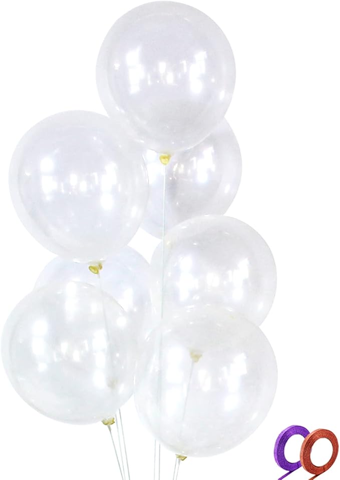 Clear Latex Balloons 100 Pack 12 Inch Transparent Party Balloons with 2 Rolls of Ribbon Clear Round Helium Balloons for Birthday Wedding Baby Shower Party Decorations Supplies (Transparent balloons)