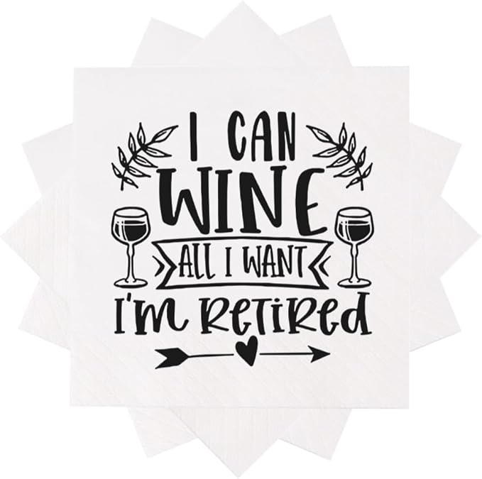 Retirement Cocktail Napkins Party Napkins Beverage Napkins Bar Napkins Disposable Paper Novelty Humorous Gag Gift 100Pcs 4.5 x 4.5 21-ply (I Can Wine All I Want I'm Retired)