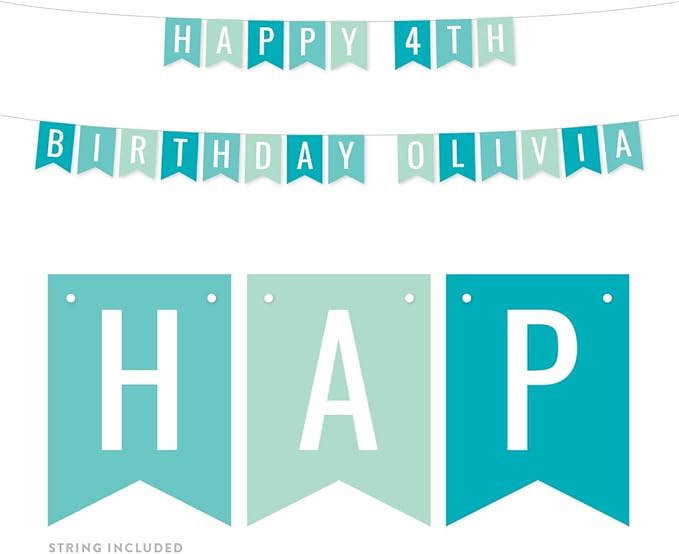 Andaz Press Personalized Hanging Pennant Banner Party Decorations, Diamond Blue, Seafoam Mint, Aqua Turquoise, Happy 4th Birthday Olivia, 1-Pack, Approx. 5-Feet, Custom Name and Number