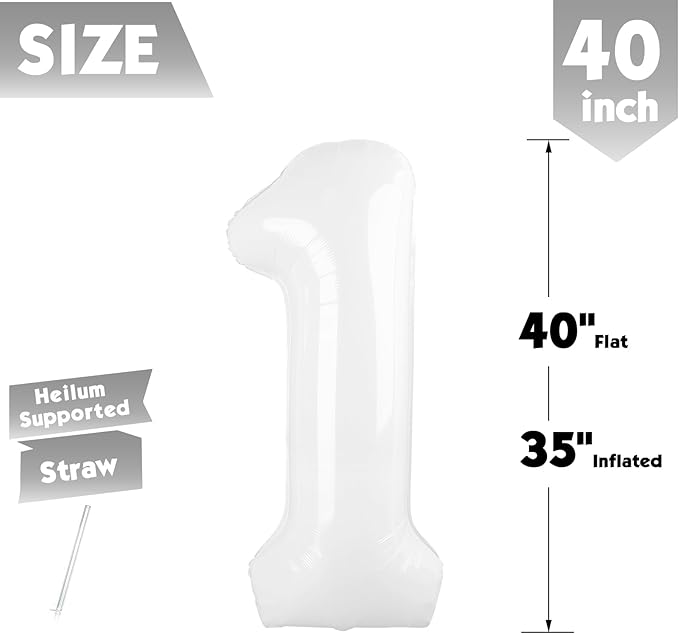 40 Inch White Number 1 Balloon, Giant Number 1 Balloons for 11th 12th 21st Birthday Decorations, Party Supplies for Baby Boy Girl, White Party Decor