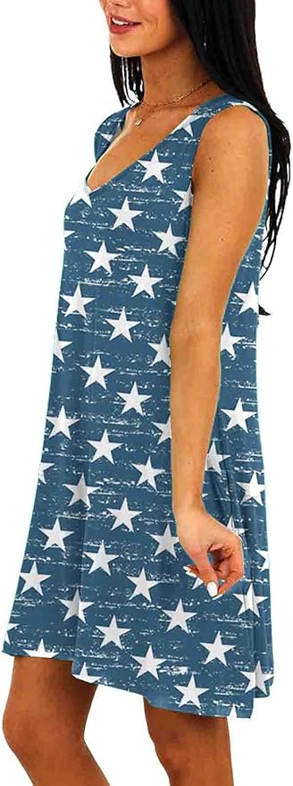 Deerose Women 4th of July Sleeeveless Dress Patriotic V Neck Tank Dresses with Pockets