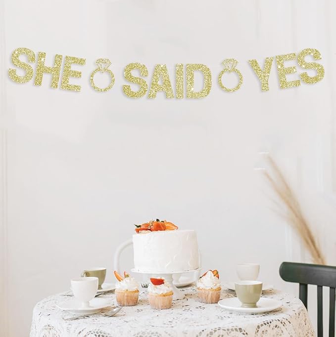 Glitter Champagne Gold She Said Yes Banner Pre-Strung Engagement Decorations Bridal Wedding Party Sign Valentine's Day Garland Bachelorette Party Decor,NO DIY