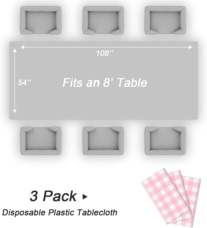 QIKSION Pink Gingham Tablecloth Disposable 3 Pack, 54 x 108 Inch Pink and White Checkered Table Cloth for Baby Shower, Easter, Mothers Day Decorations, Birthday Party, Rectangle, Plastic Table Cover