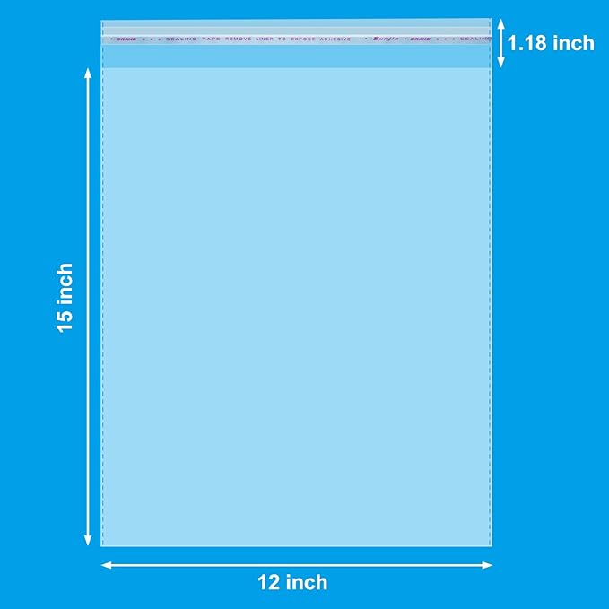 120 Count 12" X 15" Clear Cellophane Bags, Cello Poly Bags, Clear Bags for Clothes Packaging, T Shirts - Self Seal & Reinforced