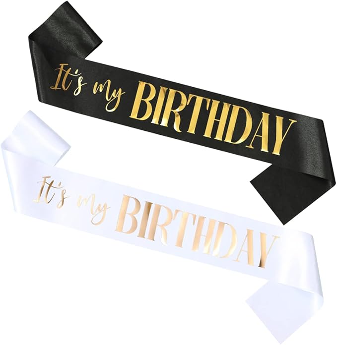 2 Pack It's my Birthday Sash for Women Men Adult Girls Kids Happy Birthday Decorations Accessories Gifts Black and White Sashes with Gold and Rose Gold Lettering