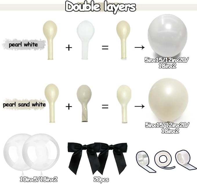 White Balloon Garland Arch Kit, Double Stuffed Cream Ivory Sand White Pearl Balloons with Bow Clear Balloon for Bridal Wedding Baby Shower Birthday Valentine‘s Day Party Decorations