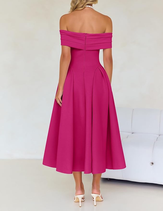 ZESICA Summer 2026 Cocktail Dresses for Women's Off Shoulder Short Sleeve Swing A Line Wedding Evening Party Midi Dress