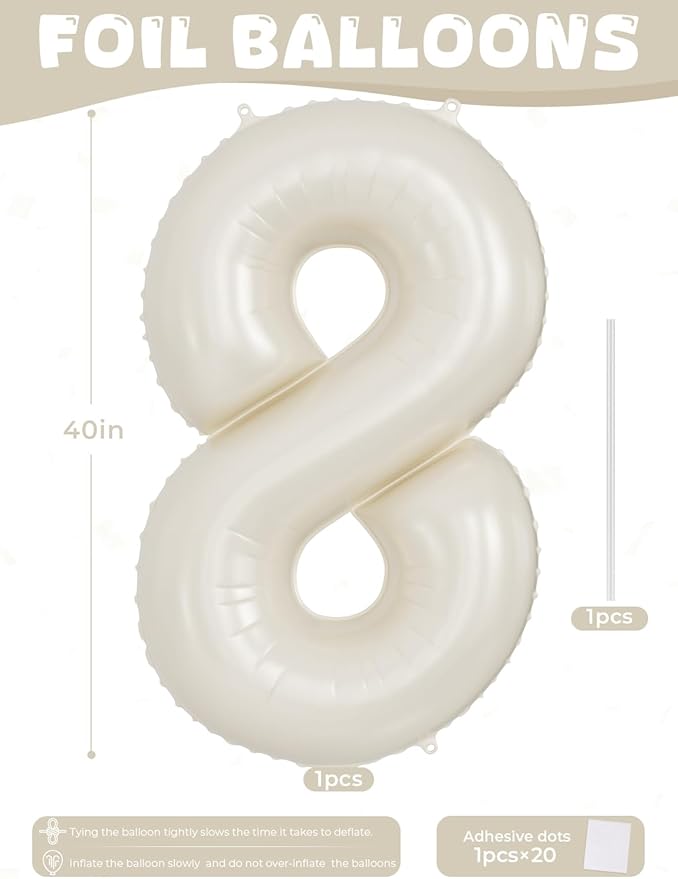 Cream Number 8 Balloons – 40 Inch Giant Foil Number Balloon, Light Cream Number Balloon for Birthday Anniversary Baby Shower Party Decorations