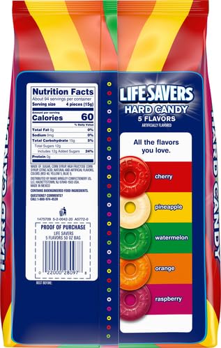 LIFE SAVERS Hard Candy Bag 5 Flavors, Hard Candy Individually Wrapped for Goodie Bags, Road Trips, Treats, Offices, Celebrations, 50-Ounce Party Size (Pack of 2)